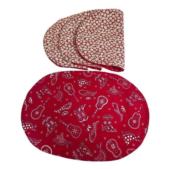 Paisley Country Reversible Placemats Red Cowboy Hats And Guitars Set Of 4 - Picture 1 of 3